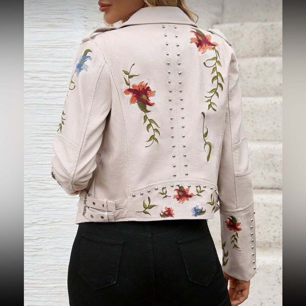 Floral Studded Moto Jacket Beige Faux Leather Embroidered Biker Style Jacket - Picture 8 of 9
